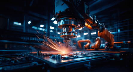 Poster - A robotic arm welds metal, sparks illuminate the dark industrial scene.  Blue and orange lights enhance the mechanical process in a factory setting.