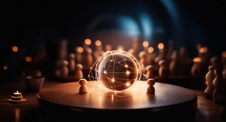 Aufkleber - A glowing globe with network lines rests on a round wooden table, surrounded by chess pieces and lit candles creating a warm, mysterious ambiance in a dimly lit setting.