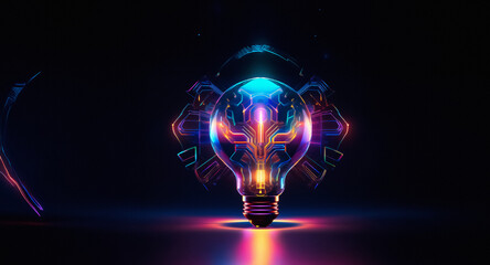 Poster - Glowing neon light bulb with digital lines and abstract geometric shapes on a dark background. Represents a futuristic and innovative concept.