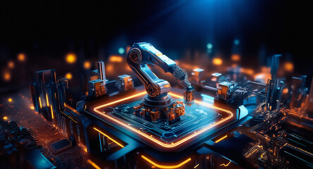 Poster - Futuristic robotic arm in a neon-lit, high-tech environment. Industrial robot with glowing elements, suggesting automation and advanced technology.