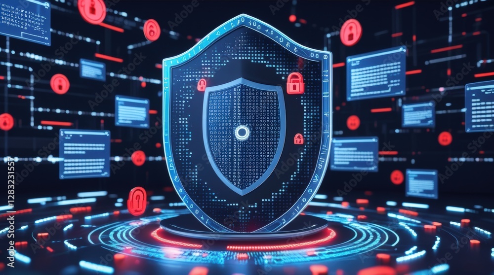 Cyber security background with shield and matrix code symbols Stock ...