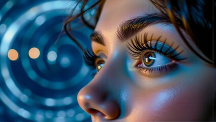 Wall Mural - A woman with long brown hair and brown eyes is looking at the camera. The image has a futuristic feel to it, with a blue background and a circular pattern