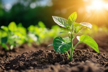 Aufkleber - Growing green seedlings basking in sunlight in an agricultural field during early morning hours. Generative AI