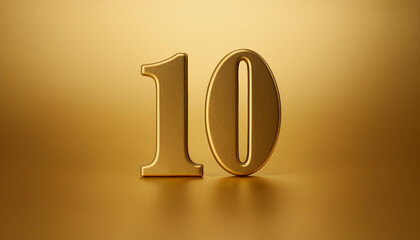 Fototapete - Golden number 10 ten on golden background with gradient and copy space. 3D rendering.