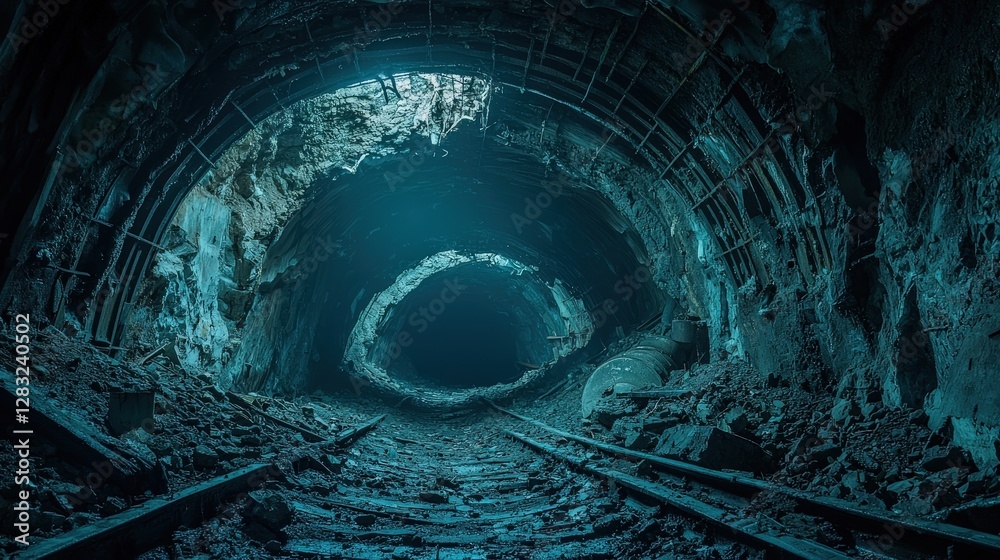 Abandoned coal mine ventilation tunnel interior slung derelict forsaken ...
