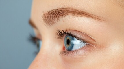 Aufkleber - A mesmerizing close-up highlights the vivid blue eyes of a young caucasian female. Her gaze is captivating, accentuated by finely shaped eyebrows and soft skin, creating an intimate moment