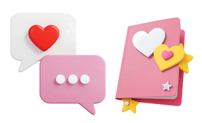 Poster - 3d rendering white and pink love speech bubbles with a heart and white notebook with a white heart isolated on transparent background, PNG file add