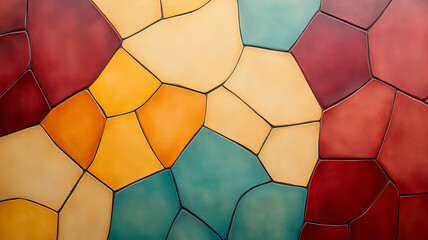 Poster - Bold colorful geometric pattern featuring warm tones of red, orange, and yellow, combined with cool shades of teal and green, creating vibrant and dynamic visual experience