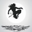 © Chon.Design - Dynamic Silhouette of a Warrior Jumping Against a Moonlit Background