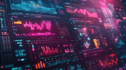Poster - Abstract digital marketing interface with colorful charts, graphs, and social media icons on a soft-focus background. No text, no people.