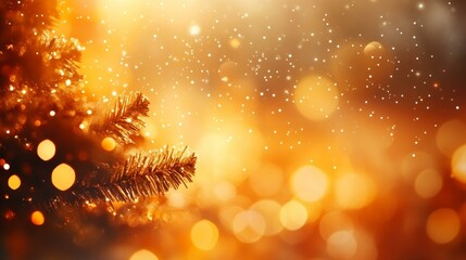 Wall Mural - golden christmas lights and fir tree
