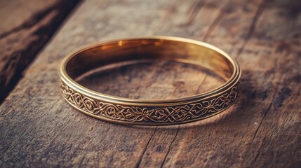 Poster - Antique gold bangle with vintage filigree, positioned on a warm-toned wooden background. No text, no people.