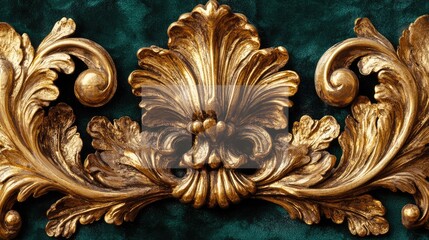 Poster - Antique gold frame ornament with delicate swirls, set against a deep emerald green velvet background. No text, no people.
