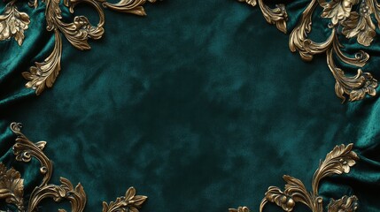 Poster - Antique gold frame ornament with delicate swirls, set against a deep emerald green velvet background. No text, no people.