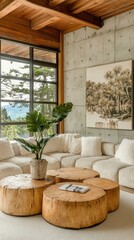 Wall Mural - Modern Rustic Living Room with Wooden Coffee Tables