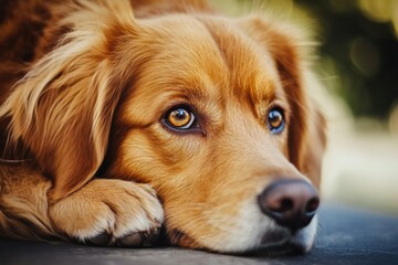 Aufkleber - Golden retriever dog lying down with a thoughtful expression in a sunny outdoor setting surrounded by greenery. Generative AI