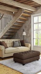 Wall Mural - Rustic Living Room with Wooden Staircase