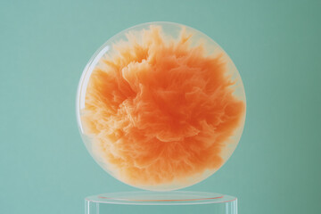 Poster - Abstract Cloud: An evocative, artistic representation of an orange cloud enclosed in a transparent, circular structure, mounted on a minimalist, transparent base.