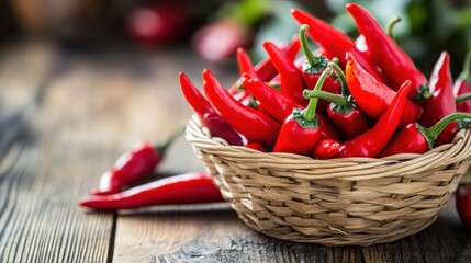 Aufkleber - Fresh red chilies in a woven basket on a wooden table showcasing vibrant colors and textures. Generative AI