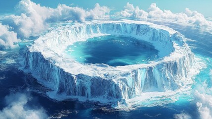 aerial view of a shrinking north pole ice sheet, surrounded by warming ocean water