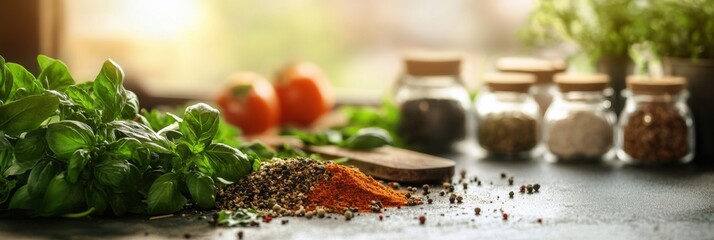 Poster - Fresh herbs and vibrant spices arranged on a kitchen countertop surrounded by glass jars. Generative AI