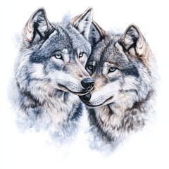  Wolf Bond: Witness the tender bond between two majestic wolves, their gaze locked in a moment of profound connection, set against a soft, ethereal backdrop. 