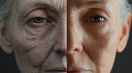 Poster - Transformation of an aged face to youthful skin showcasing changes over time. Generative AI