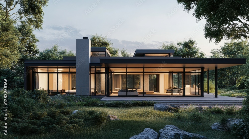 Create a modern minimalist house exterior with clean lines, large glass ...