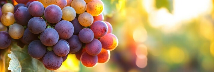 Aufkleber - Freshly harvested grapes hanging on a vine in a vineyard during sunset hours in a sunny season. Generative AI