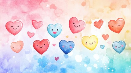 Wall Mural - Colorful watercolor hearts with smiling faces in a cheerful arrangement on a soft pastel background. Generative AI