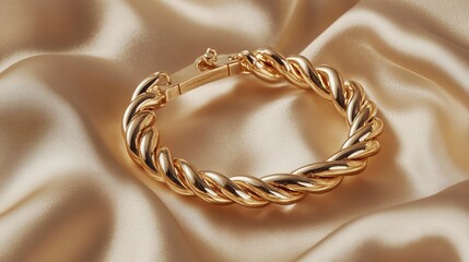 Poster - Gold cuff bracelet with a twisted rope design, beautifully displayed on a silky champagne fabric. No text, no people.