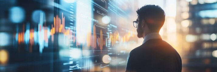 Leinwandbilder - Professional assessing data analytics on a digital screen in a modern office during sunset. Generative AI