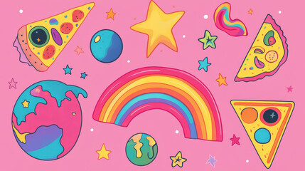 Naklejka na meble Layouts of social media post with psychedelic stickers with cute sun, rainbow, planet, disco ball, eye and pizza. Abstract posters templates with transparent background, vector illustration