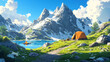 © Sehraye - Cartoon mountain landscape with camp near lake. Vector illustration of tourist tent and campfire, beautiful natural background, footpath on green hill, high rocks with glacier on top, blue sunny sky