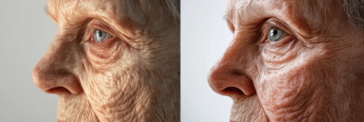 Poster - Transformation of age to youth captured in a split image showing facial differences and skin textures. Generative AI