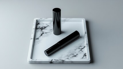 Poster - Luxury lip balm stick in a sleek matte tube, placed elegantly on a marble tray with soft lighting. No text, no people.