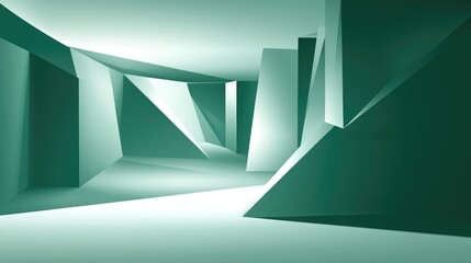 Poster - Minimalist emerald background with geometric shapes and soft shadows, giving a futuristic appeal. No text, no people.