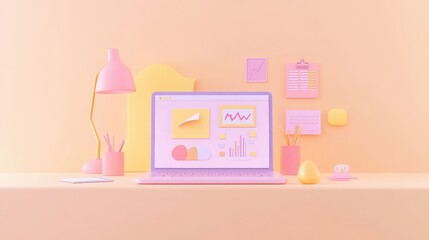 Poster - Modern office workspace with a laptop displaying social media marketing statistics and post-performance data, on a neutral-colored desk. No text, no people.