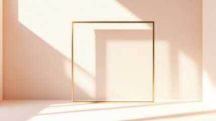 Poster - Simple modern gold frame with subtle reflections, sitting on a soft gradient beige background. No text, no people.