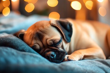 Aufkleber - Dog sleeping peacefully on cozy bed with warm, soft lights in the background during evening hours. Generative AI