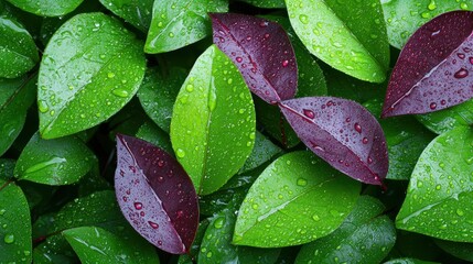 Wall Mural - Close-up of vibrant green and purple leaves with raindrops