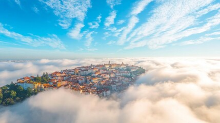Aufkleber - A breathtaking view reveals a charming city perched atop rolling clouds, bathed in sunlight. Fluffy white clouds surround colorful buildings, creating an enchanting scene
