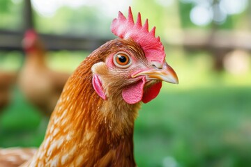 Poster - Brown hen poses amidst greenery on a sunny day in a tranquil farm setting. Generative AI