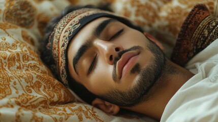 Poster - A peaceful young Arab man rests comfortably on intricate cushions, embracing tranquility and softness, creating a moment of calm in a cozy setting