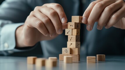 Poster - A person is building a tower out of wooden blocks