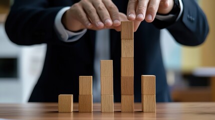 Poster - A man in a suit is building a tower of wooden blocks