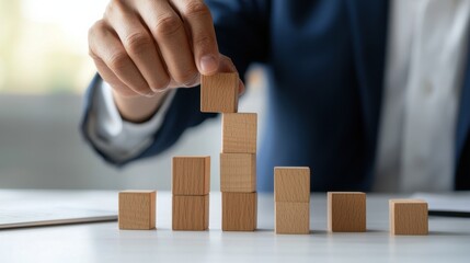 Poster - A man is holding wooden blocks and stacking them on top of each other