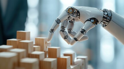 Aufkleber - A robot hand is touching a stack of wooden blocks