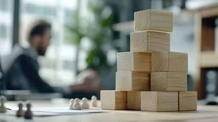 Aufkleber - A stack of wooden blocks on a table with a man in the background