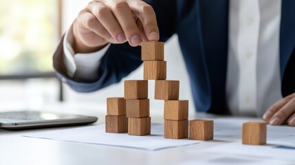 Poster - A man is building a tower of wooden blocks